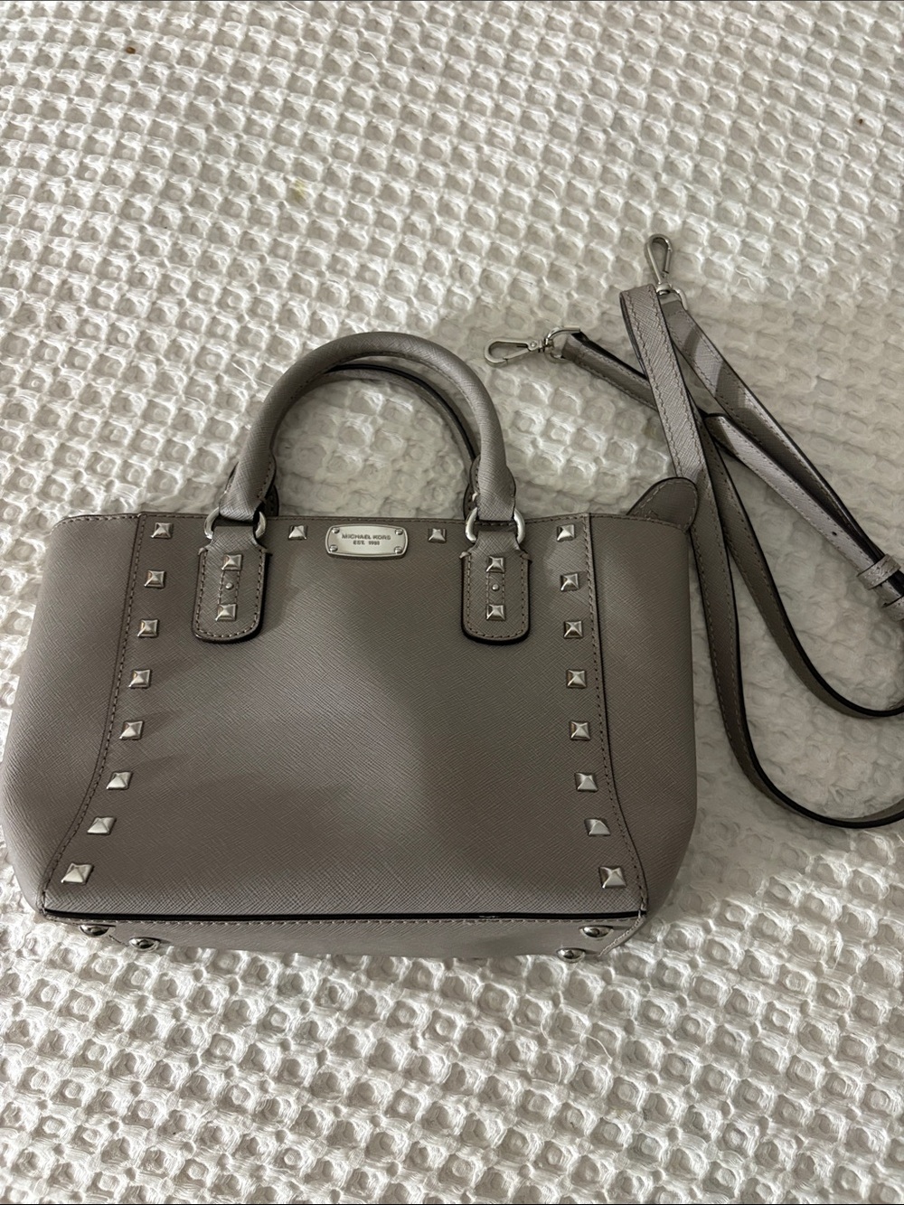 Michael Kors Taupe Saffiano Leather Studded Satchel with Strap